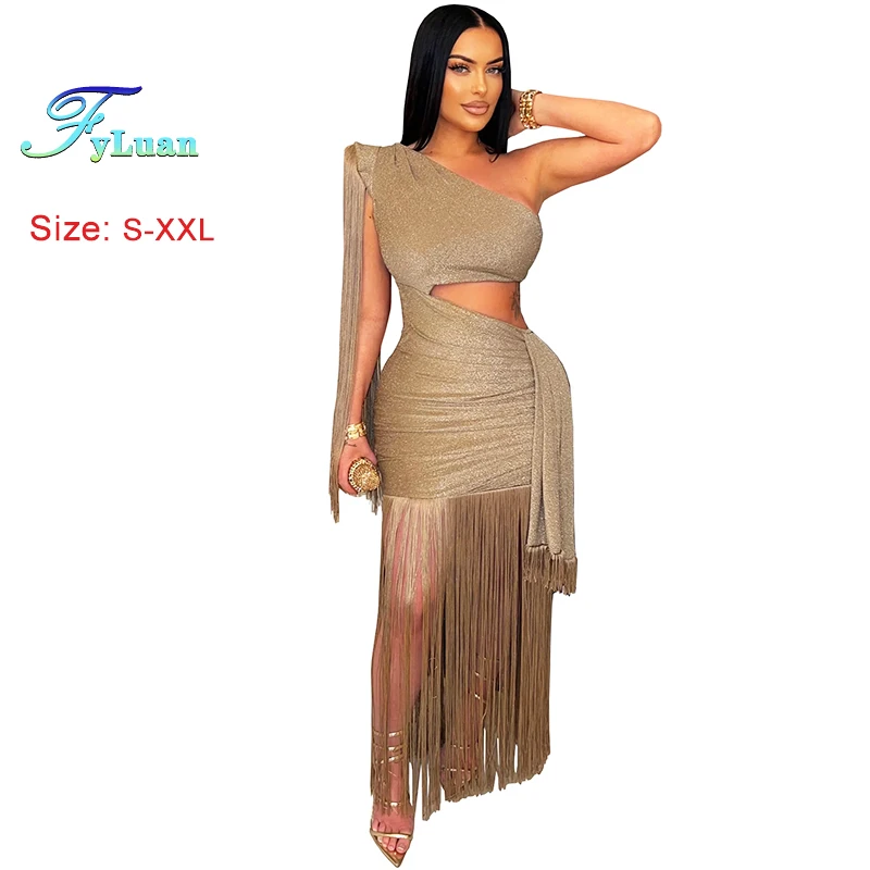 2025年ヨーロッパスタイルレディースロングドレスカジュアル無地ワンショルダータッセルドレスセクシーカットアウトウエストスリミングクラブパーティー服