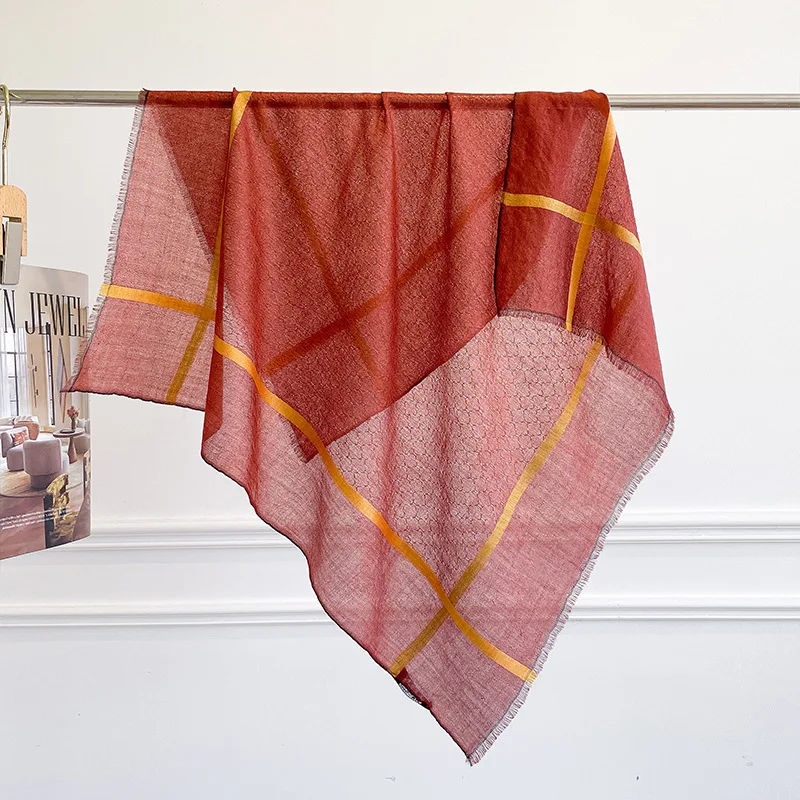 100% PURE CASHMERE Square Shawl Pale Sage Green Diagonal Gold Grid Double Sided Bandana Women Minimalist Travel Luxury Gift view 3