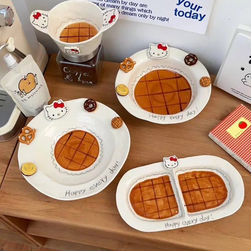 

Kawaii Hello Kitty Sanrio Children Cute Cartoon Ceramic Plate Divided Grid Plate Bowl Tableware Soup Bowl Birthday Gift for Kids