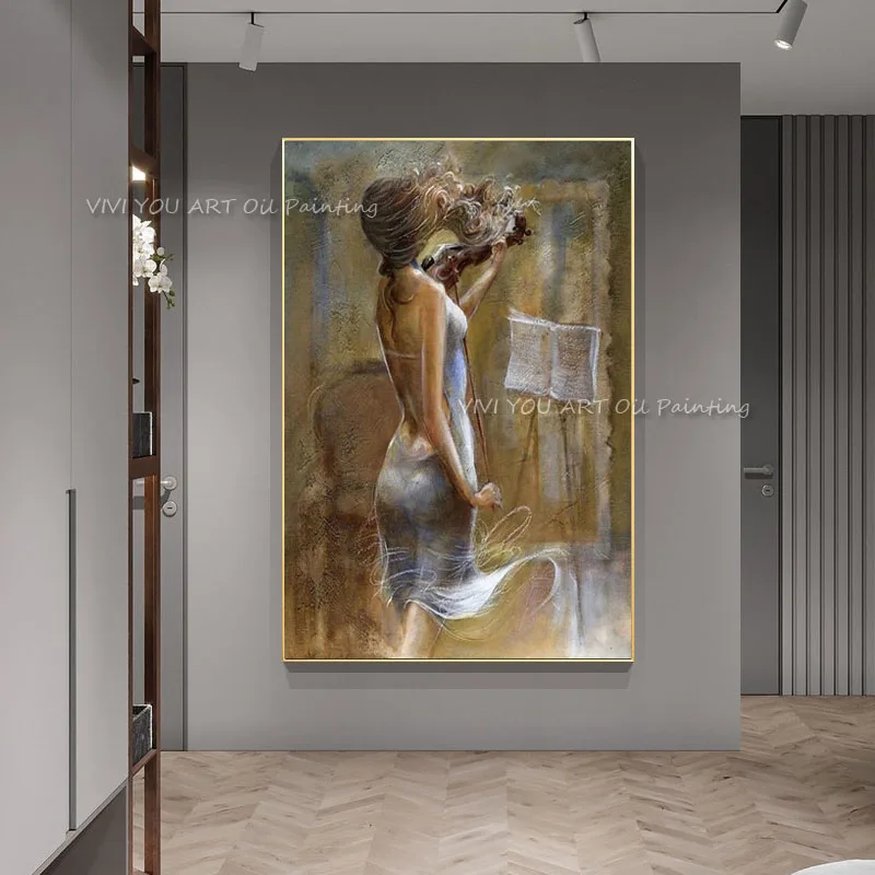 100% Handamde Modern Figure Painting Music Girl Playing the Violin Canvas Oil Painting On Canvas Wall Art Decoration Art Picture