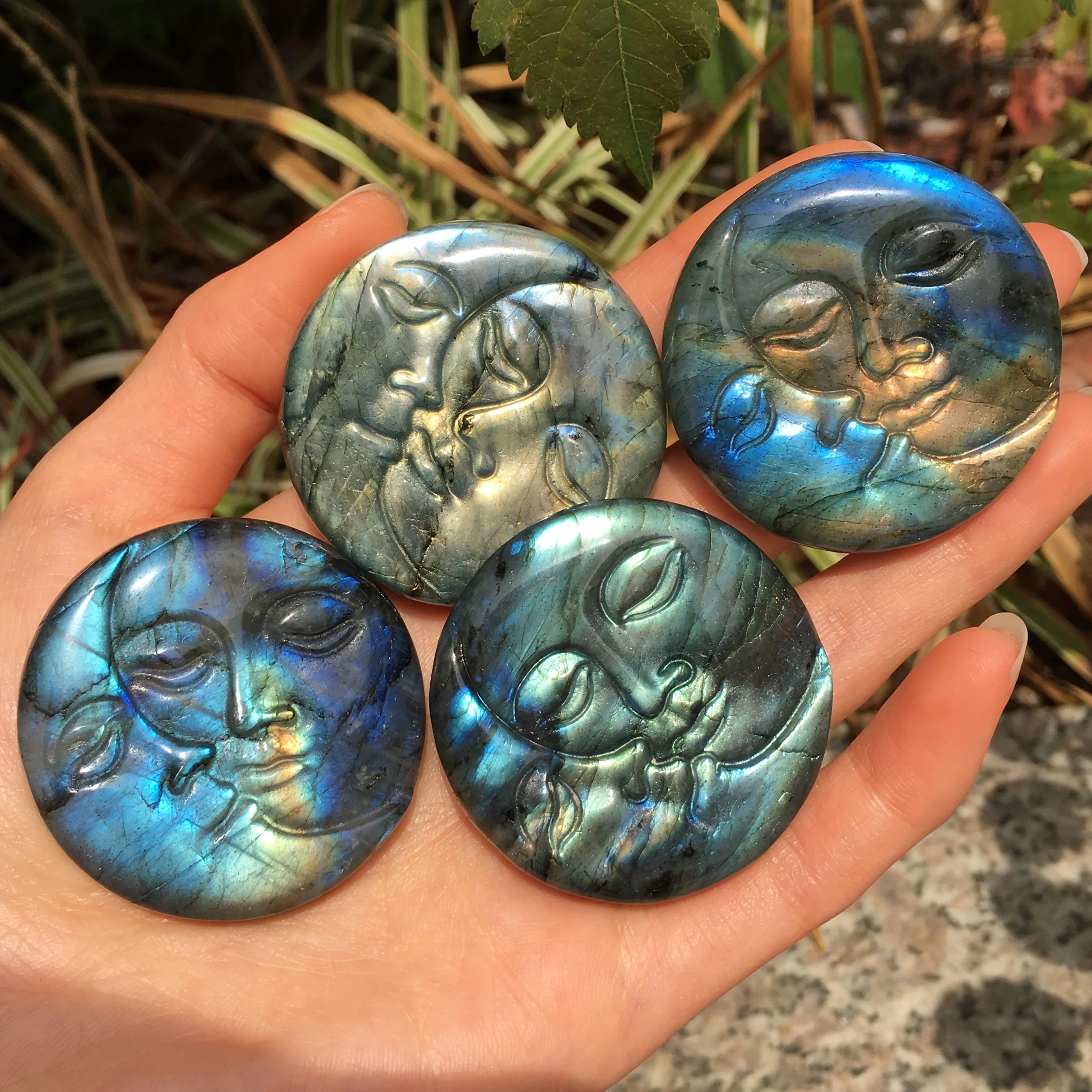 A hand-polished labradorite sun and moon carving ornament—Rainbow Illusion Sun and Moon Face Carving,DIY jewelry making material