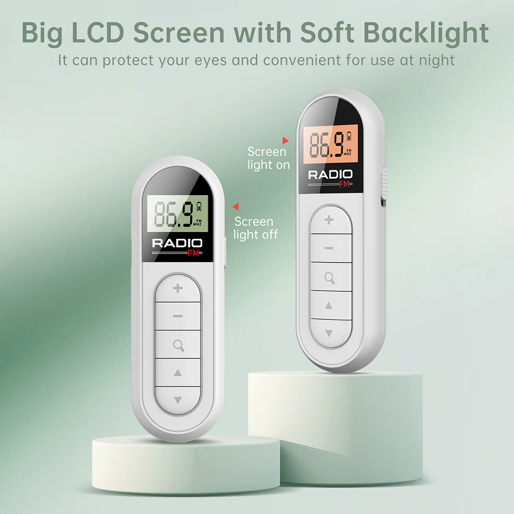 FM Radio Backlight LCD Display Mini Pocket Clip Radio with 3.5mm Headphones Portable Radio 76-108MHZ for Walk Jogging Camping