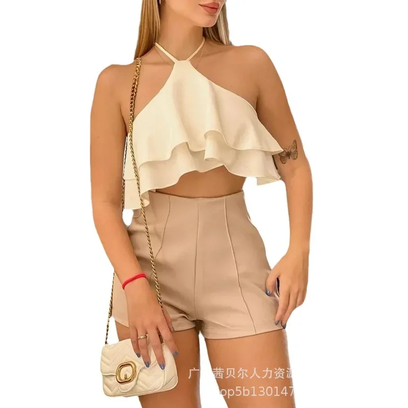 Womens Two Peice Sets New Ruffle Neck Strap Shorts Set for Women