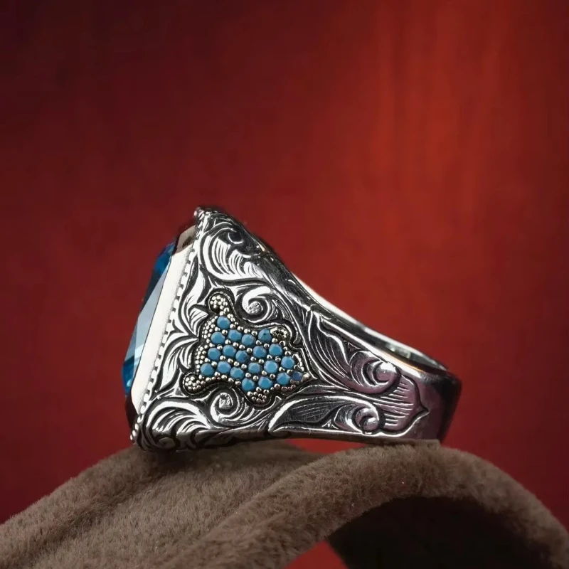 European and American fashion retro ethnic wind pattern sea blue zircon inlaid personalized business men\'s ring