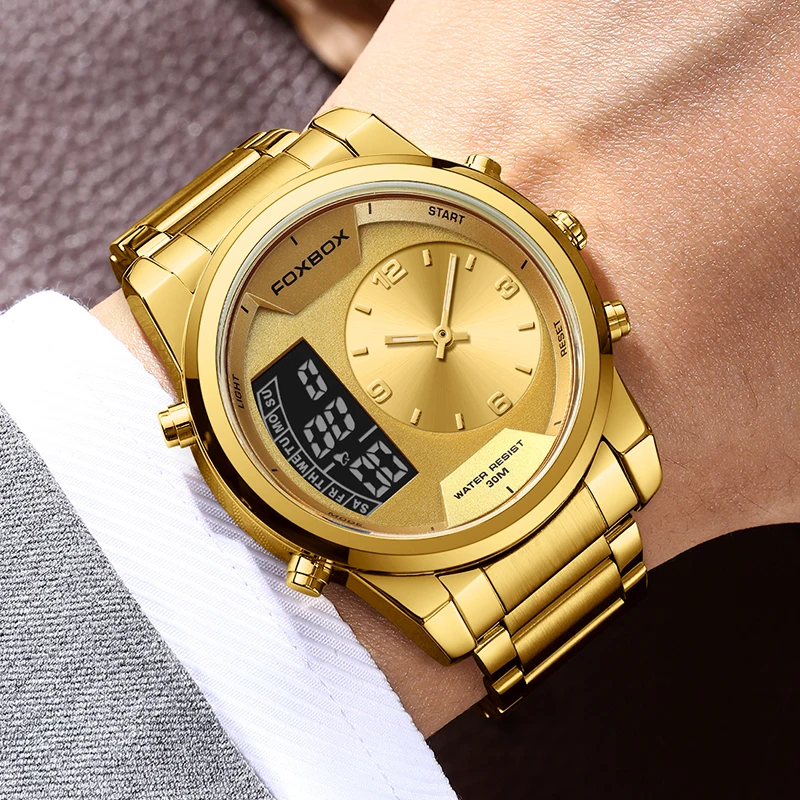FOXBOX New Gold Quartz Wristwatch For Men Fashion Military Sport Waterproof Watch Men Top Brand Luxury Dual Display Watch Men
