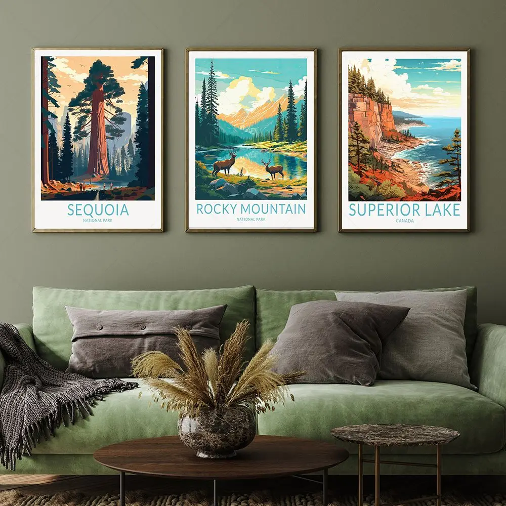 Travel City National Park Landscape Poster Zion Sequoia Lake Tahoe Great Smoky Wall Art Canvas Painting for Living Room Decor