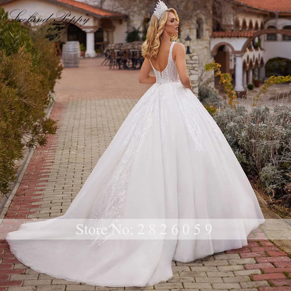 Lceland Poppy Customized A Line Square Neck Lace Wedding Dresses Sleeveless Sequined Floor Length Beaded Bridal Gowns
