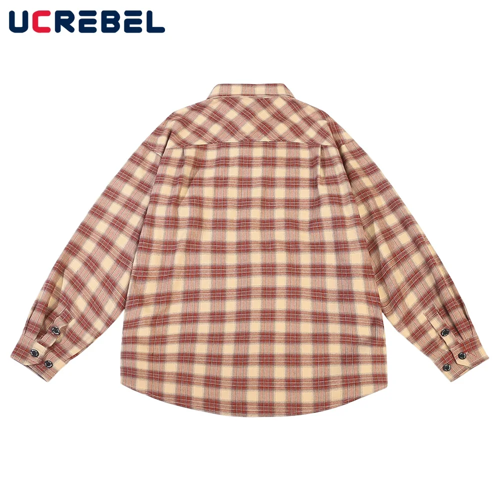 Curved Hem Loose Plaid Shirt Mens Safari Style Casual Long Sleeve Pocket Shirts Men Autumn