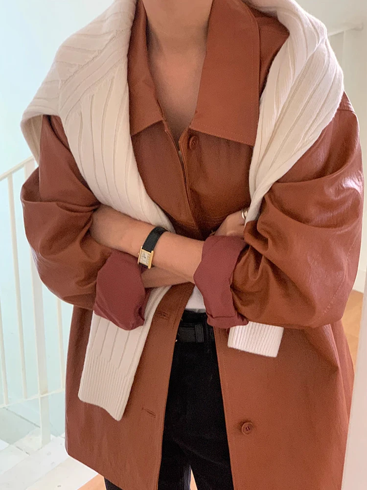 Chic Vintage Sle Double Row Button Loose PU Leather Jaet Motorcycle Clothes Outerwear for Women Autumn New Arrival