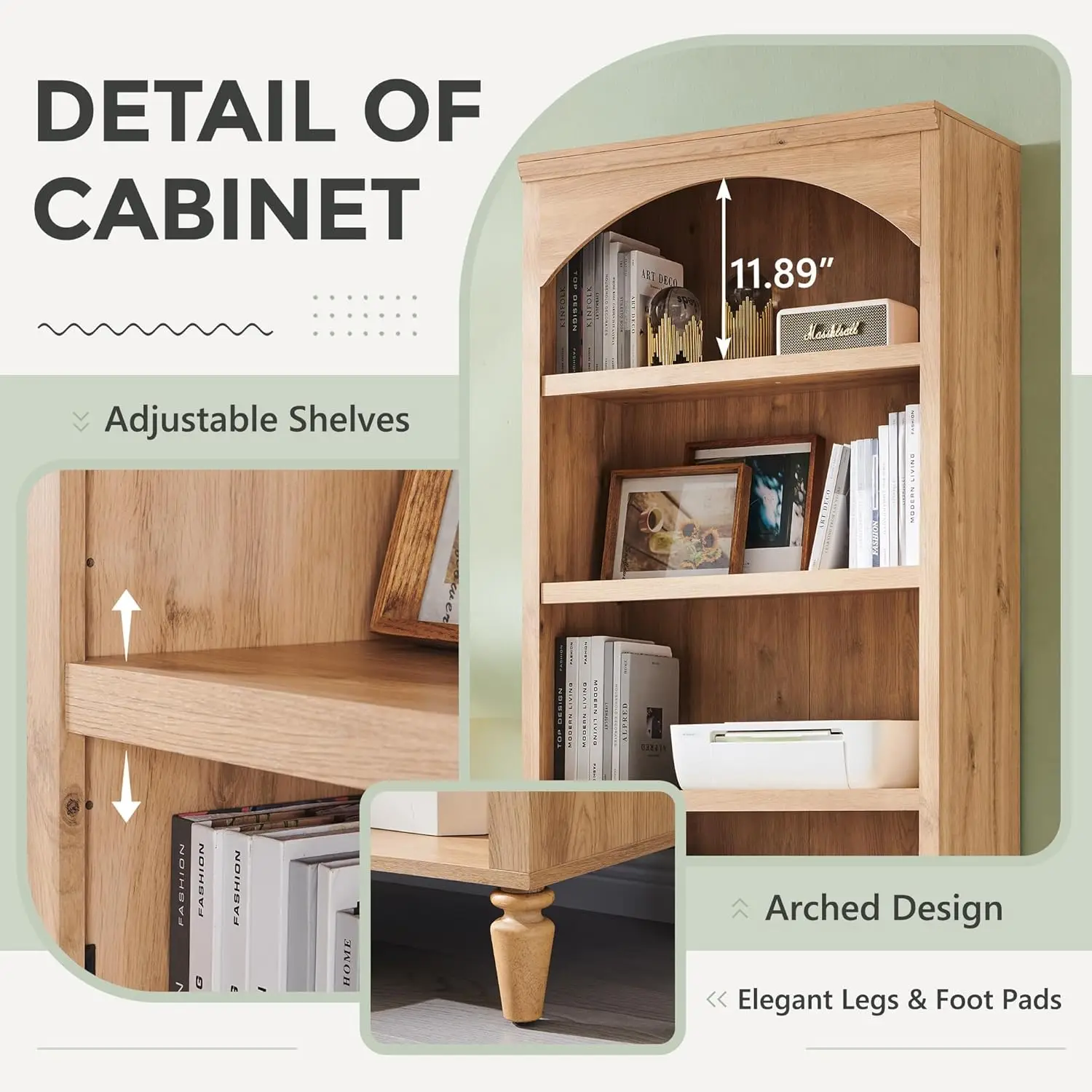 خزانة كتب مقوسة بطول 76 بوصة، خزانة كتب مقوسة كبيرة مكونة من 5 طبقات مع أرفف قابلة للتعديل، كتاب خشبي حديث