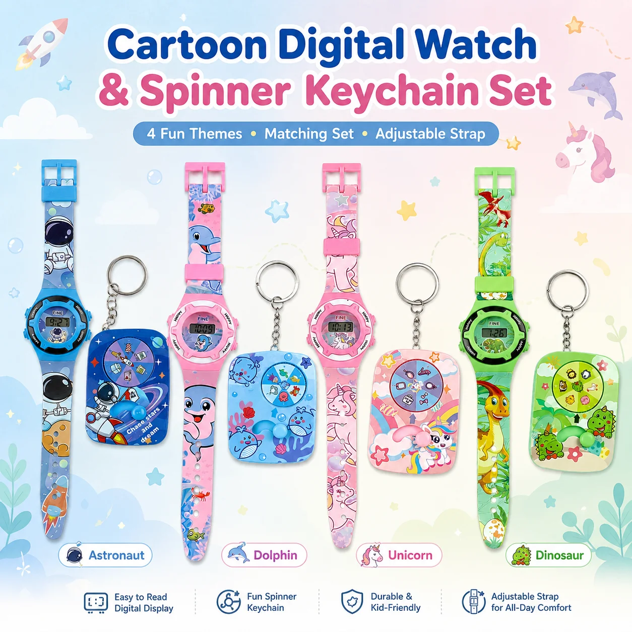 2-in-1 kids' cartoon electronic watch and spinning keychain, featuring an adjustable-strap electronic wristwatch and a matching