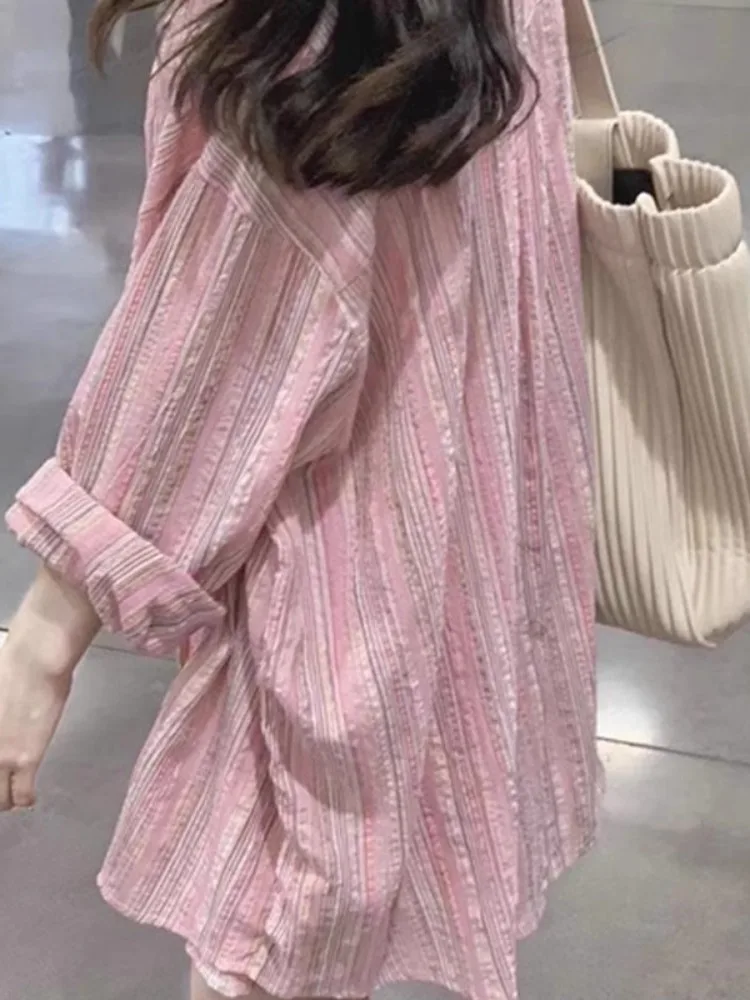 

Pink Versatile Long Sve Sun Protection irt Women's Summer 2026 Lazy Striped Thin irt Commute Sle Korean Loose Fit