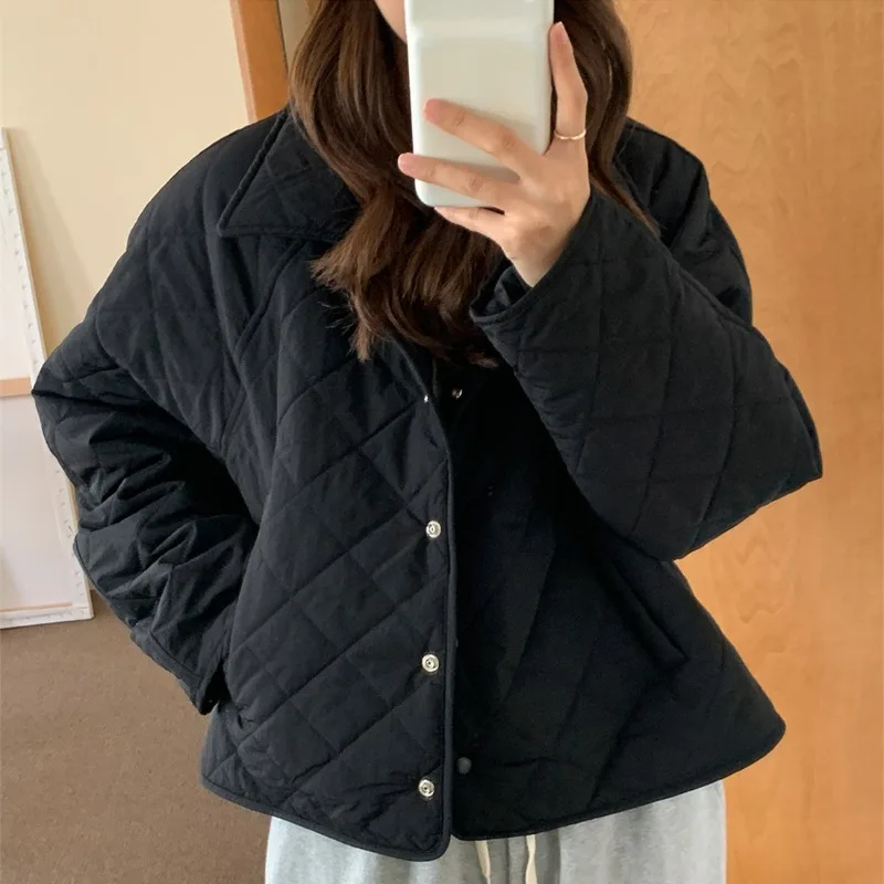 Newoe coreano Chic Vintage Casual semplice giacca di cotone caldo Femme 2024 autunno inverno collo allentato con risvolto Diamond Grid parka