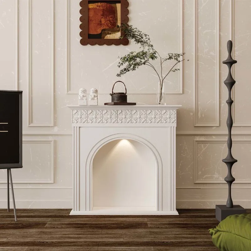 French cream carved fireplace cabinet luminous homestay entrance European American living room
