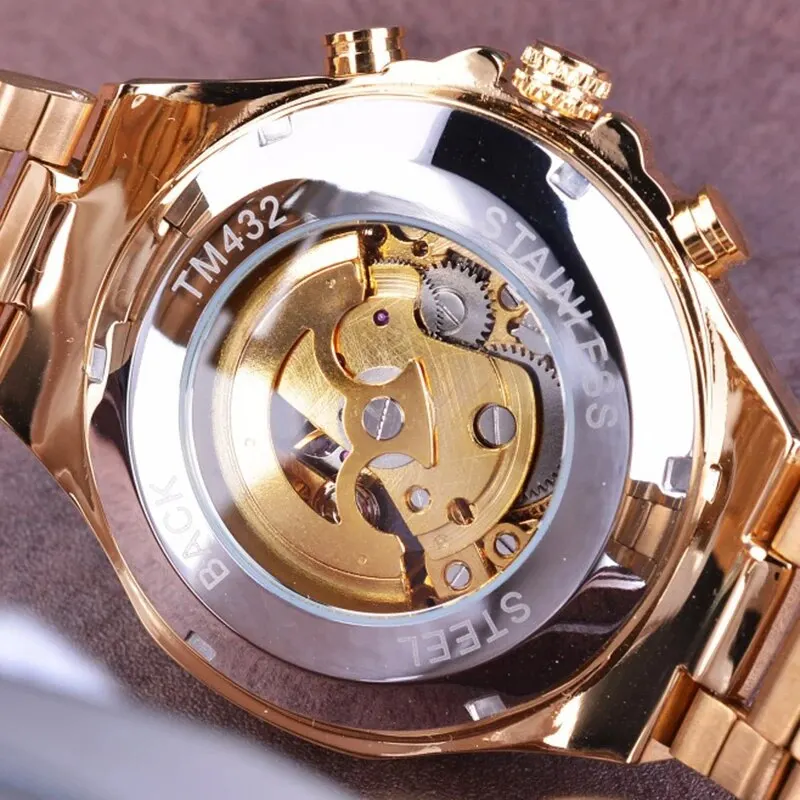 Automatic Mechanical Watch Men Luxury Brand Gift for Male with Gold Rhinestones Bracelet Fashion Mechanical Watch Men Reloj