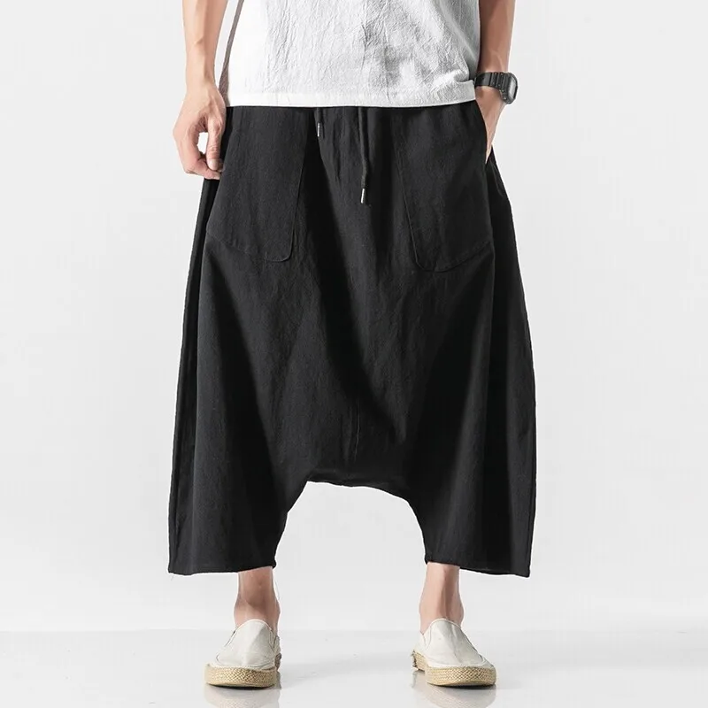 الرجال قطرة المنشعب الصليب السراويل القطن الكتان سراويلي حريمي الصيف ضوء رقيقة فضفاضة المتضخم الصلبة عادية بنطال ذو قصة أرجل واسعة الشارع الشهير الرجال