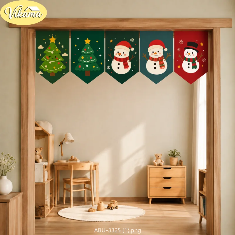 VIKAMA Cute Snowman Christmas Triangle Banners, Cartoon Christmas Tree Fabric Triangle Banner Set, Door Frame Home Decor
