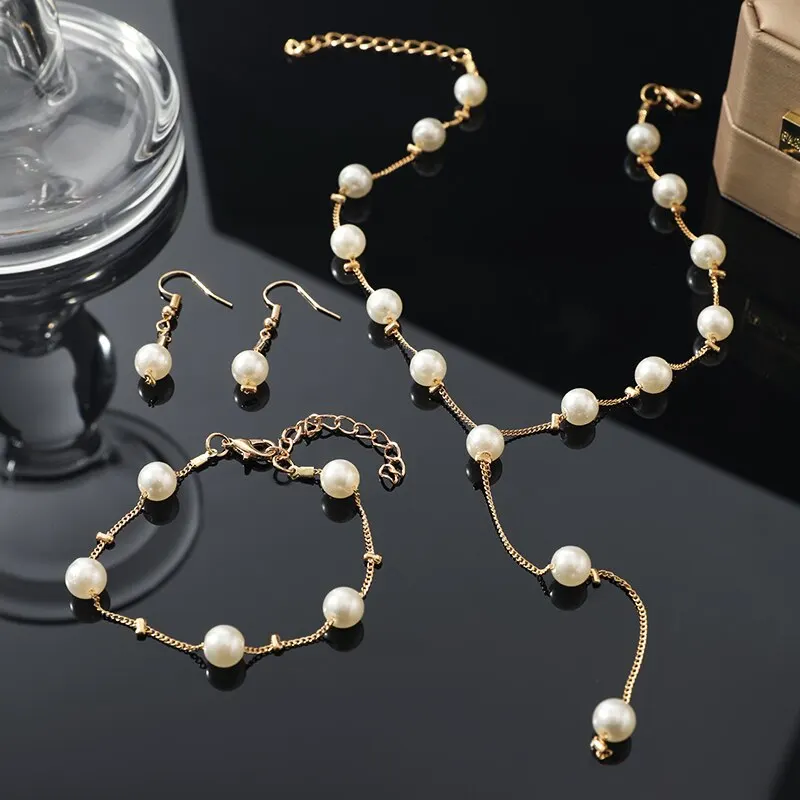4pcs Gold-color Necklace Earring Bracelet Set Ladies Elegant Imitation-Pearls Collection Temperament Tassel Jewelry image 3
