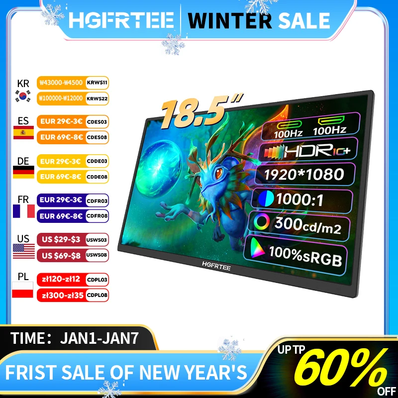 HGFRTEE 18.5inch Portable Monitor ADS-IPS 100Hz RGB100% Extended Display Laptop Second Screen With VESA Hole&Stand