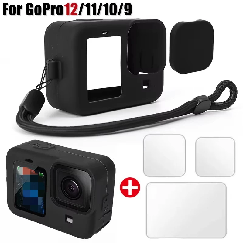 ل GoPro Hero12 11 10 حافظة من السيليكون الأسود الزجاج المقسى واقي للشاشة طبقة رقيقة واقية غطاء تغليف العدسة ل GoPro12 GoPro11 10