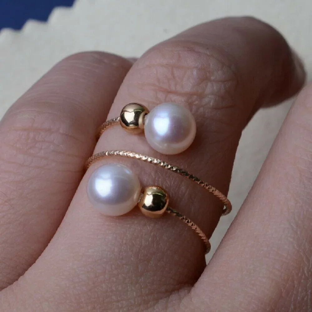 Bestselling Double Pearl Ring AAA+6-7mm 7-8mm 8-9mm 9-10mm 10-11mm Natural Akoya White Round Pearl Ring, 14k Gold Elastic