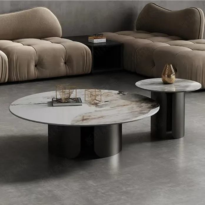 Light luxury bright rock slab coffee table Italian minimalist designer size round coffee table combination living room home