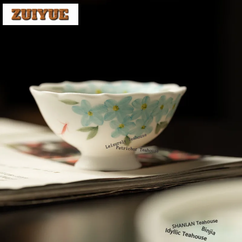 

60ml Hand-painted Blue Flower Teacup Antique Tea Bowl Cute Cup Tea-tasting Personal Cup Jianzhan Master Cups Teaset Decoration