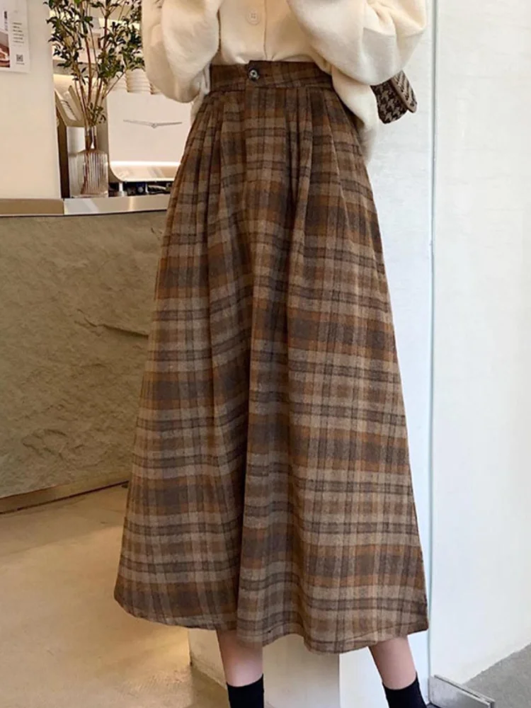 

Plaid Skirt Women Long Woolen Skirts Autumn Winter Female Vintage Fashion Warm Skirt Ladies Casual Loose A Line Midi Skirts