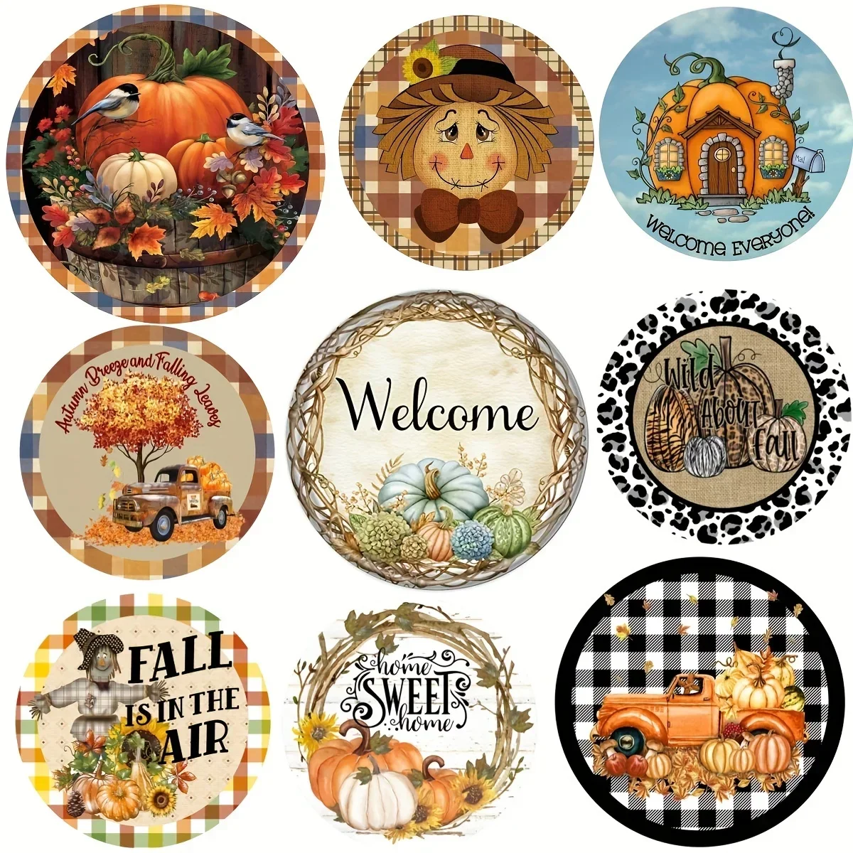 Welcome Round Metal Tin Sign Rustic  Posters Wall Plaque Pumpkin Wreath Sign for Home Garden Kitchen Bar Cafe Wall Decor