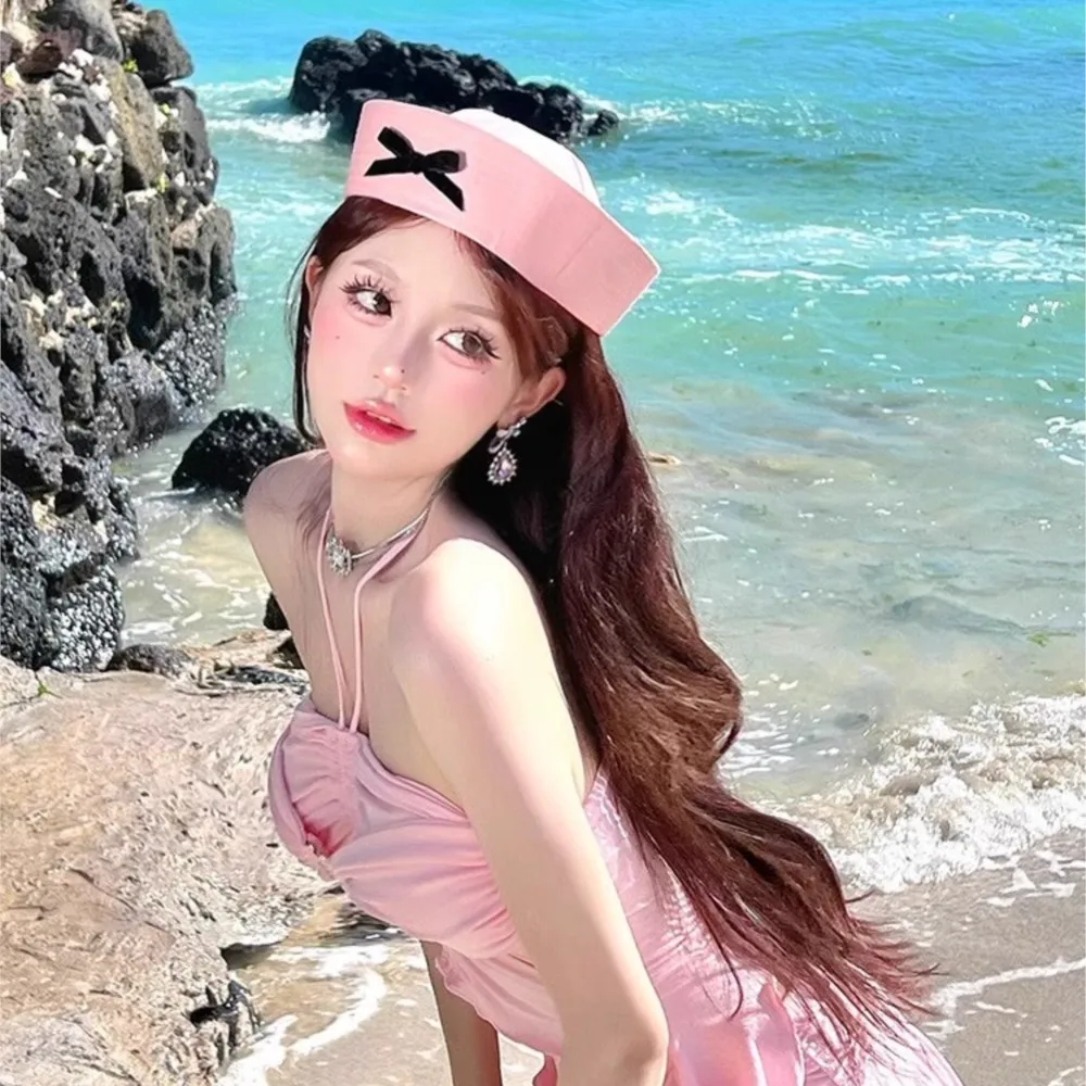 

2025 Headwear New Hat Slouchy Baker French Leather Classic Pink Sailor Bow Versatile Cap Sweet Girl Shaberet Navy flip-top B7M18
