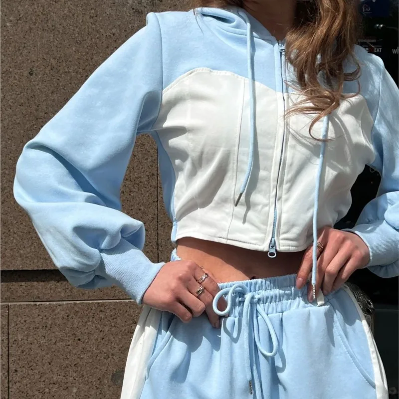 2025 novo feminino casual esportes cor bloqueado manga longa zip up com capuz cardigan & corredores retalhos conjunto de duas peças