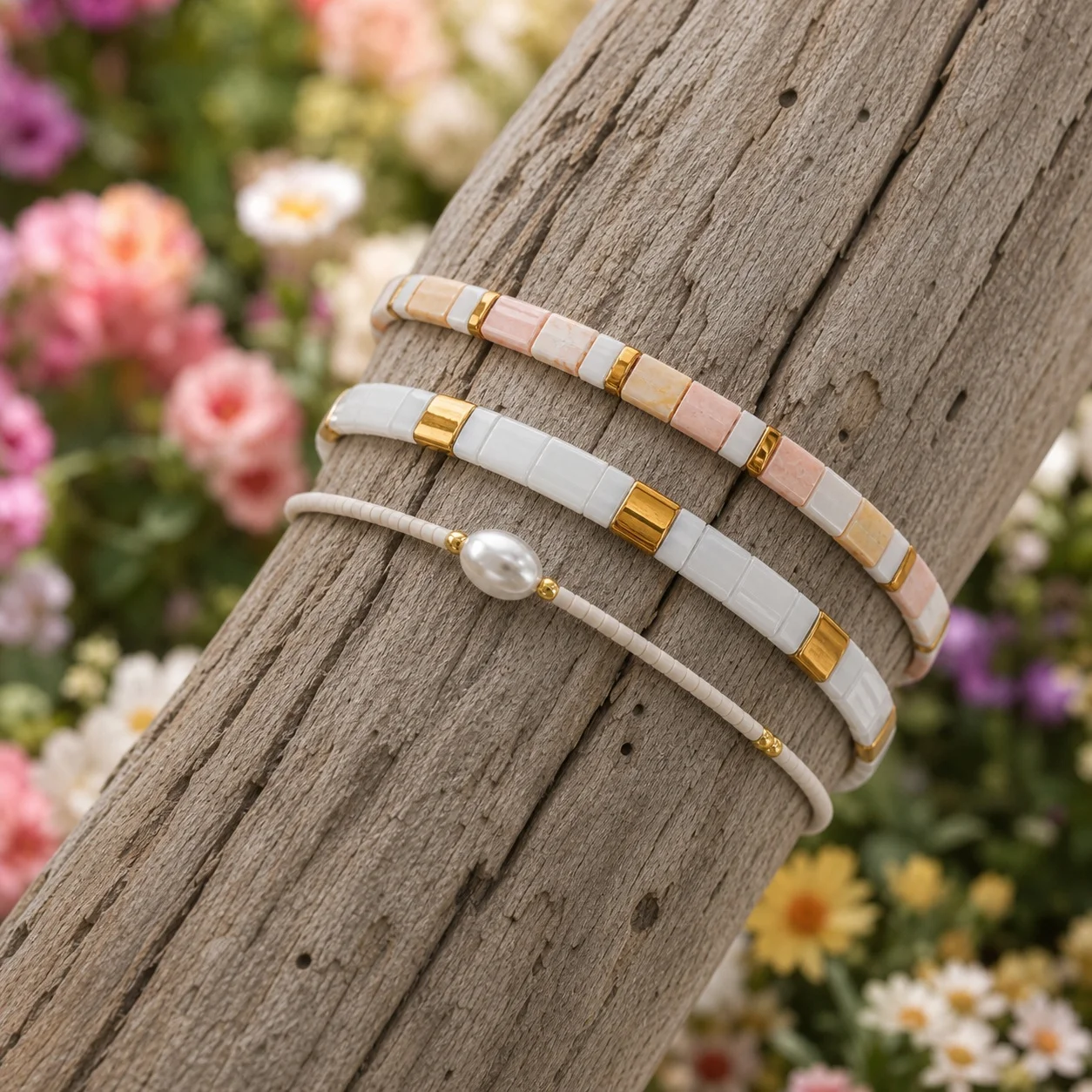 3pcs Glass Beaded Bracelet for Women White Geometric Tile Beads Sweet Romantic Layered Style Adjustable Tie Closure