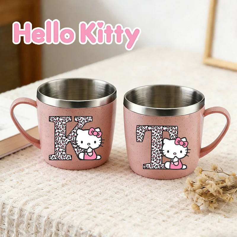 HelloKitty Water Cup Female Sanrio KT Cat Stainless Steel Toothbrush Cups Woman Cute Letter Home Coffee Milk Mug Water Bottle