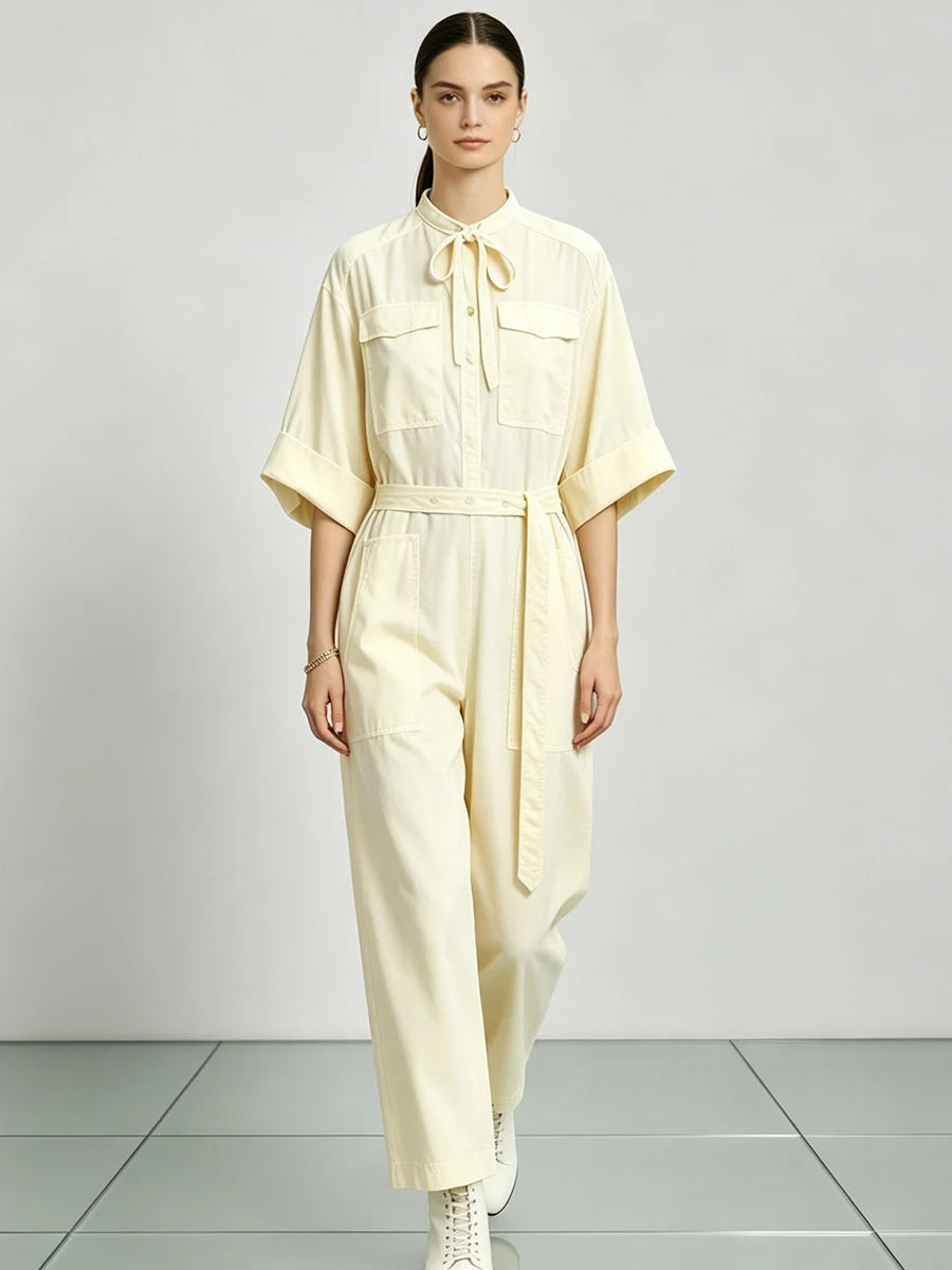 

LIMO 2026 Pale Yellow Stand Collar Tie Waist Short Sleeve Cargo Jumpsuit Women Casual Loose Wide Leg