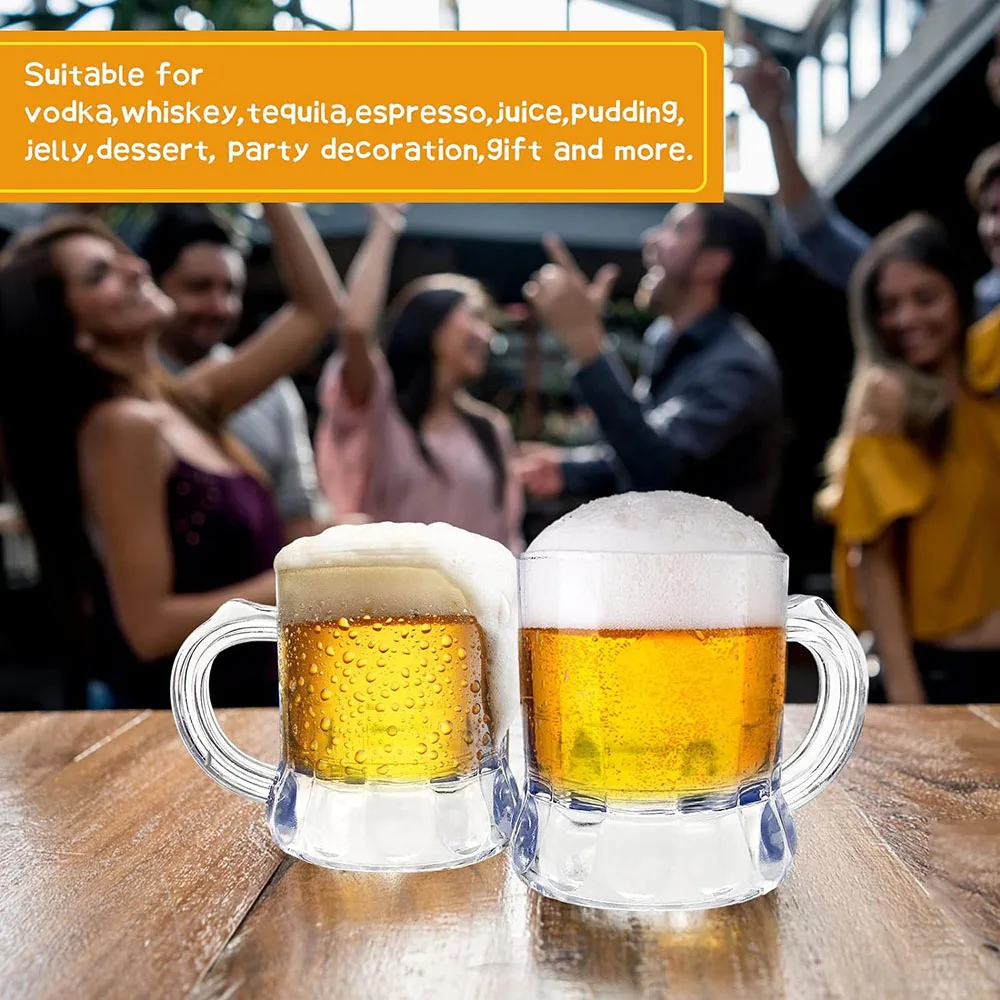 Mini Plastic Beer Mugs,1oz Clear Beer Glasses,Shot Glasses with Handles,Reusable Beer Stein Tasting Glasses Whiskey Juice Cups