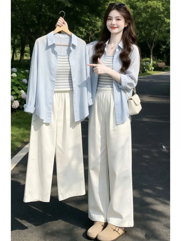 Korean Gentle Style Casual Three-Piece Set Women's Summer 2026 Loose Open Cardigan Strap Wide Leg Pants Ensemble
