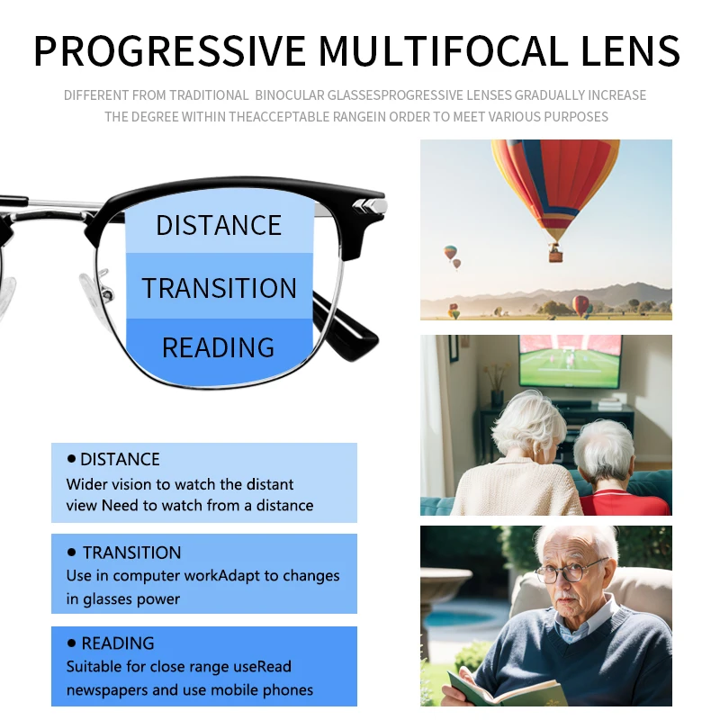 Photochromic Multifocal Reading Glasses Square Frame Designer Presbyopic Glasses Progressive High Quality fashion  for Men