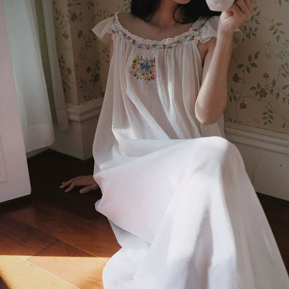 2026 New Original Design Beautiful French Hand-Embroidered Sweet Nightgown 100% Cotton Nightdress Women Summer Outerwear Robe