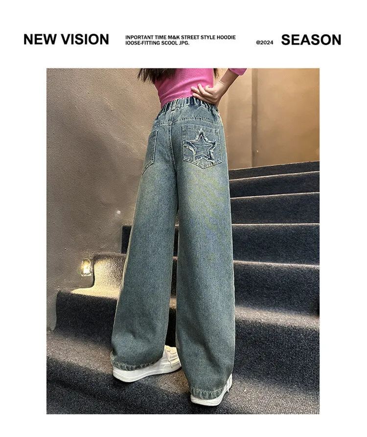 5-14 Jahre Frühling Herbst Mädchen-Jeans, modische Retro- und Vintage-Hose mit fünfzackigem Sternmuster und Stickerei, weit geschnittene Hose für Teenager-Mädchen – Detail 21