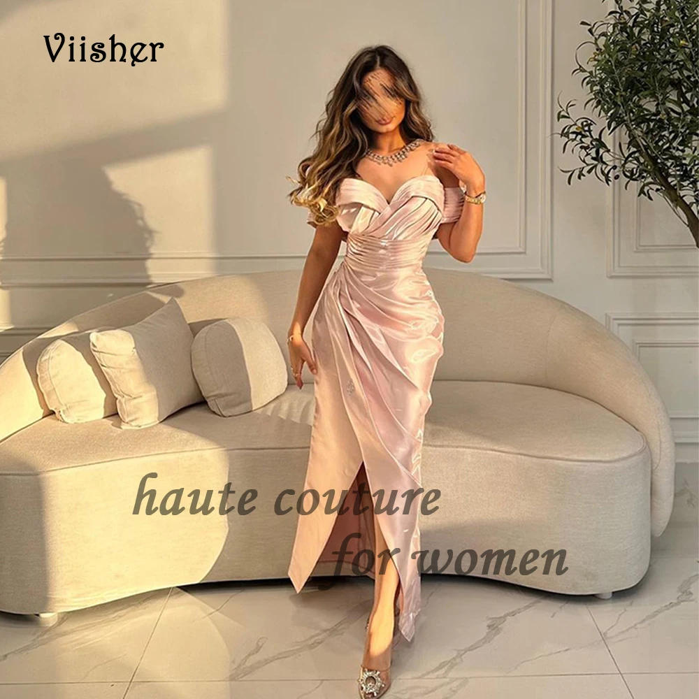 

Light Pink Mermaid Evening Party Dresses with Slit Pleats Satin Off Shoulder Prom Dress Sweetheart Ankle Length Formal Gowns