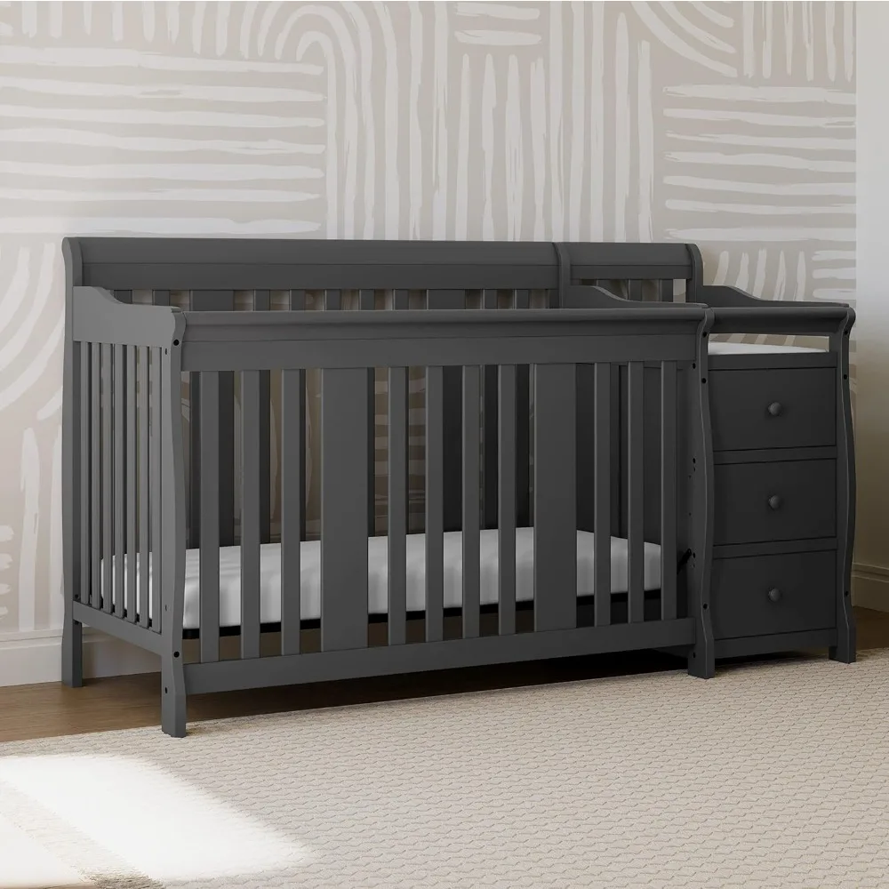 5-in-1 Convertible Crib and Changer (Gray) – Crib and Changing Table Combo with Drawer, Converts to Toddler Bed