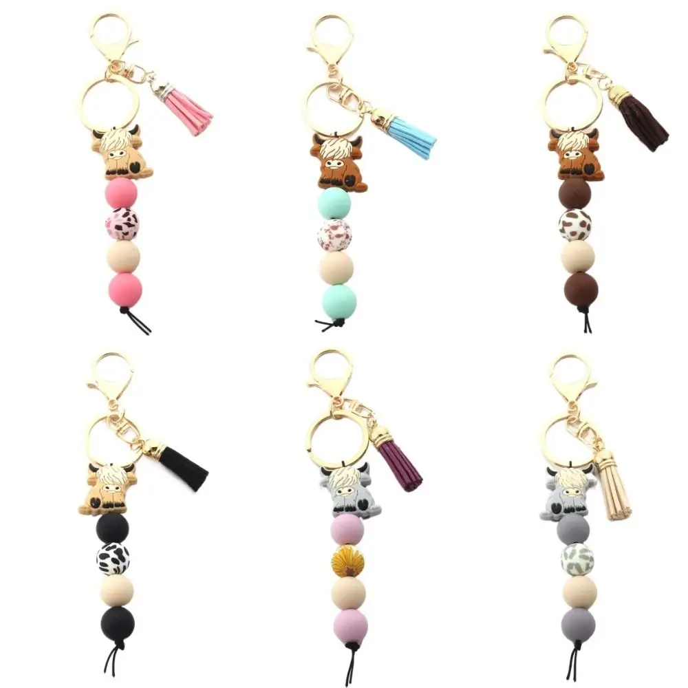 Cute Yak Beaded Keychains Bag Charm Cartoon Animal Tassel Keyring Creative Backpack Decor Bull Pendant Keychain Gifts