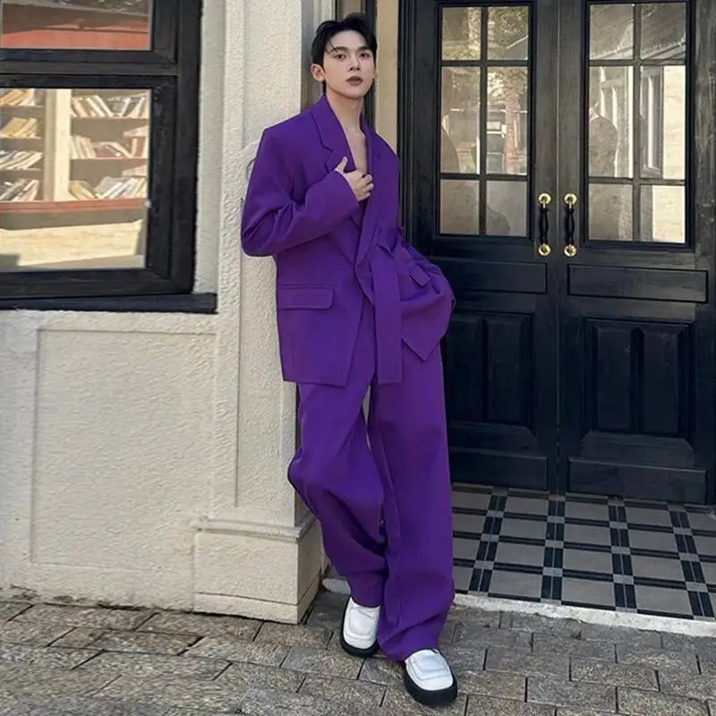 French Romantic Purple Men's Suit Set Chic Casual Niche Design Blazer Coat And Trendy Wide Leg Pants Two Pieces Set 9XC021 view 6