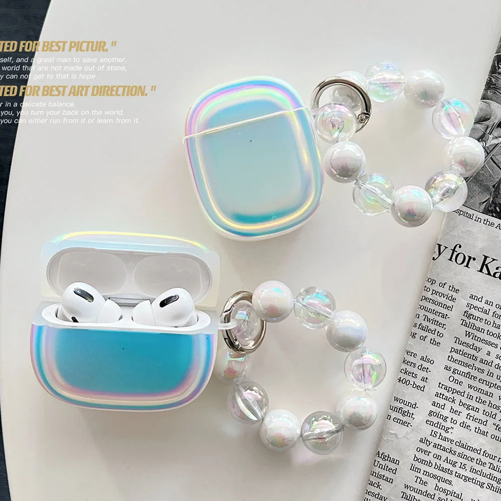 Luxury Laser Gradient Clear Girls Case For Apple AirPods Pro 2 Cases Cute Rainbow Ammor Bracelet Keyring for AirPods 3 1 Coque