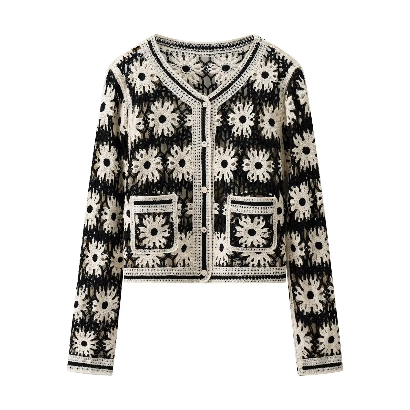 Moda oco para fora gancho flor cor bloco feminino cardigan aberto outono novo estilo suave high-end sentimento outerwear