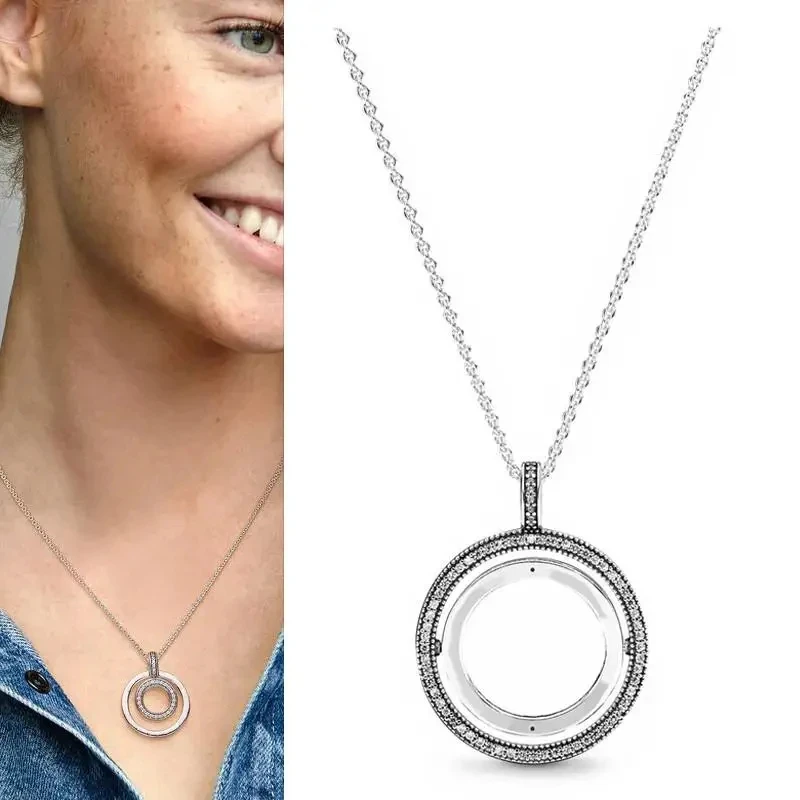 New Classic 100% 925 Silver Women's Colorful Heart Logo Ice Crystal Circle Necklace DIY Charm Jewelry Gift