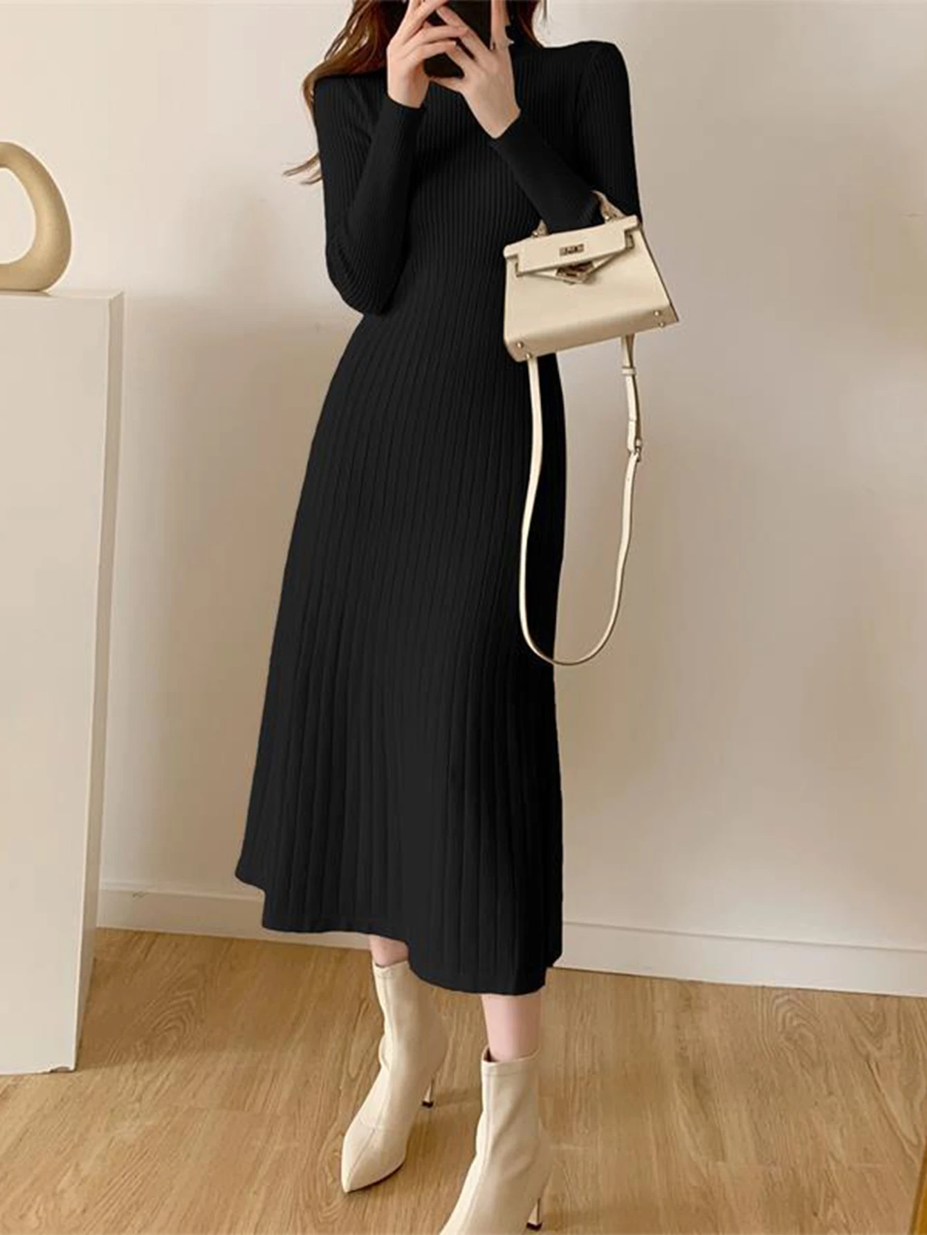 レディース スキニーフィット リブニットドレス 長袖 モックネック ミディアム丈 Aラインドレス デイリー 秋冬ファッション 無地ドレス