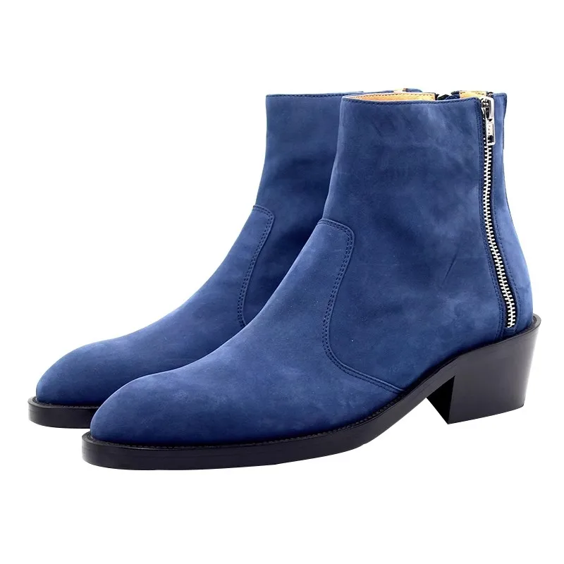 

Pointed Toe Man Blue Ankle Boots Fashion Men Genuine Leather Short Boot