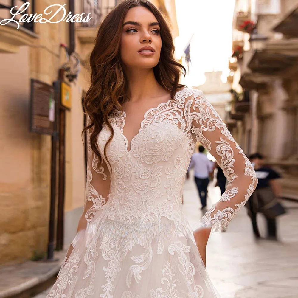 Princesa com decote em v vestido de casamento manga longa rendas até apliques vestido de baile de luxo vestido de noiva sem costas trem robe de mariée personalizado