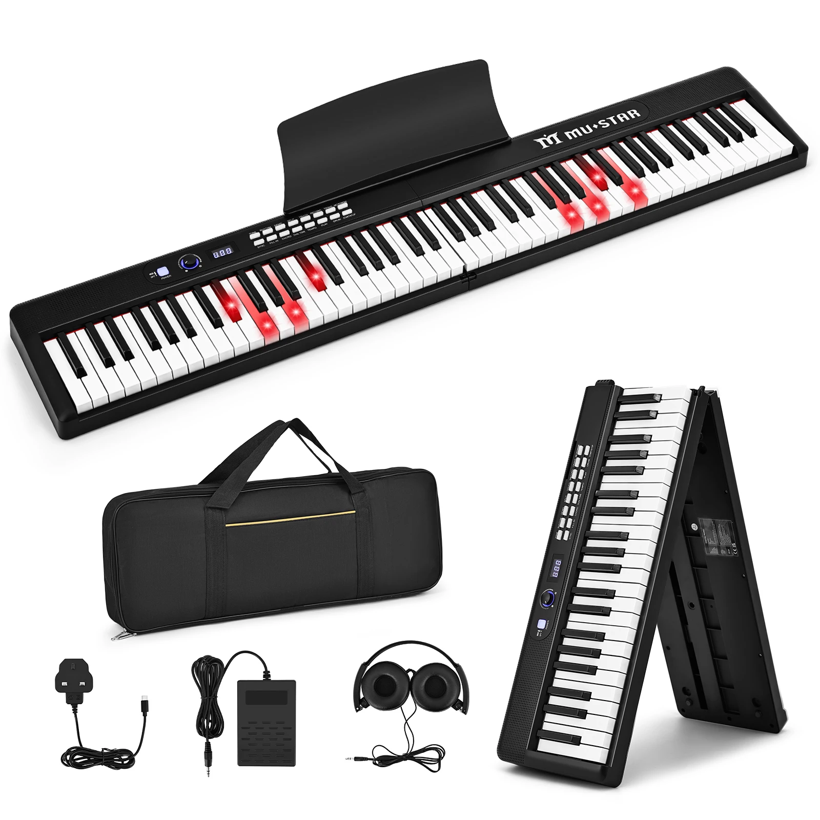 Faltbares Klavier 88 Tasten mit Leuchttasten, Tragbares E-Piano halbgewichtet, Bluetooth MIDI Digitalpiano Set für Anfänger